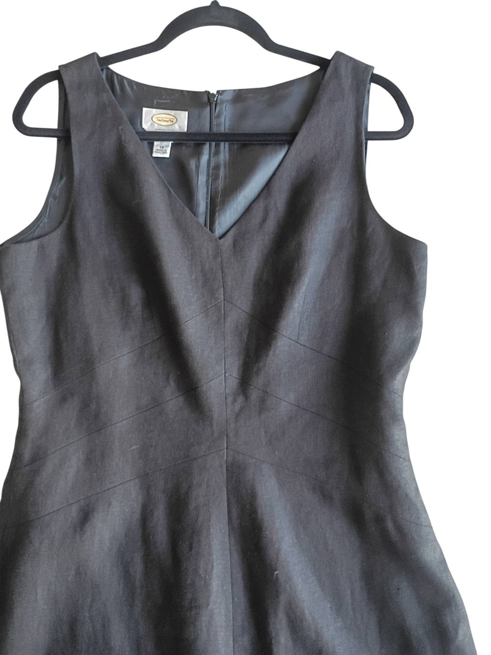 Talbots Black Sleeveless V-Neck Midi A-Line Dress Linen Blend SZ 14 - Picture 3 of 4